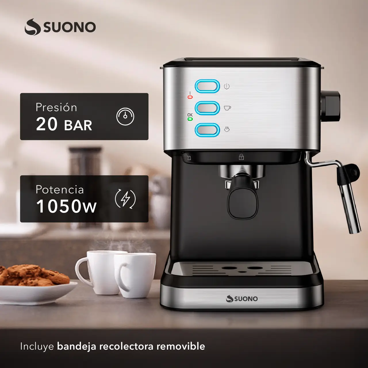 Cafetera Espresso Suono 20 Bar con Vaporizador Acero 2 espresso coffee maker 1050w 20 acero 12459 zoom