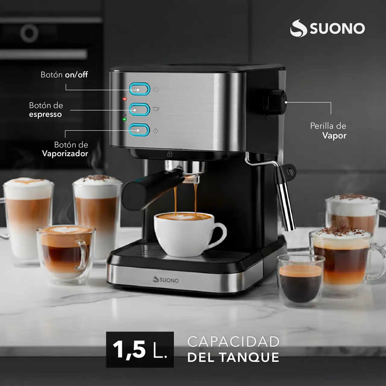 Cafetera Espresso Suono 20 Bar con Vaporizador Acero 4 espresso coffee maker 1050w 20 acero 12461 zoom
